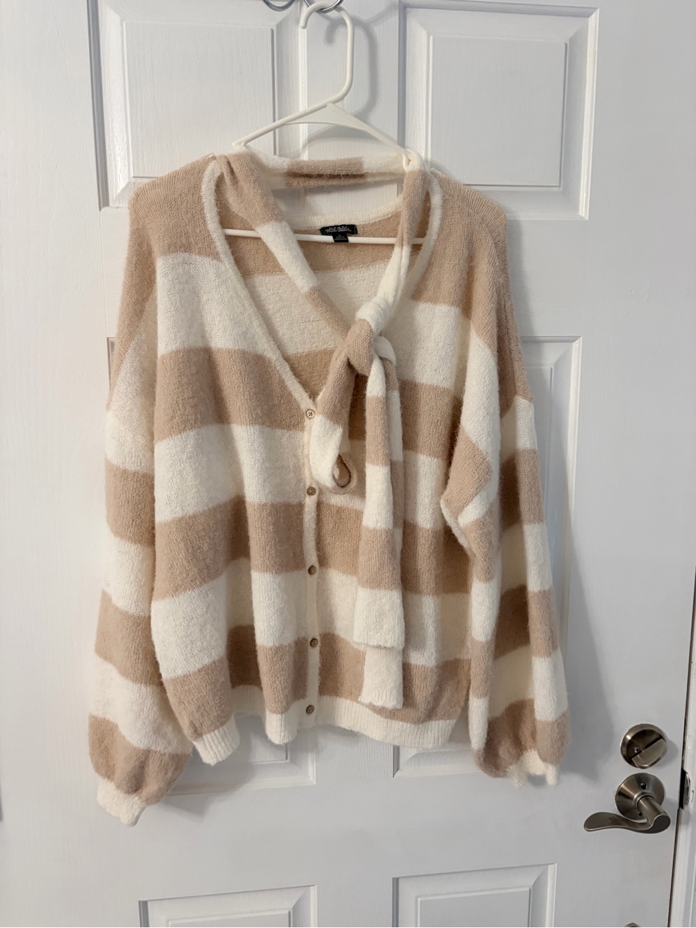 wild fable Beige & Cream Striped Tie-Neck Cardigan